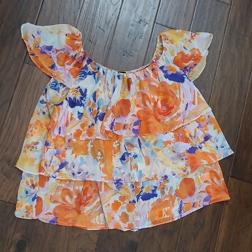 New Directions Colorful Abstract Patterned Blouse with Sheer Sleeves size XL